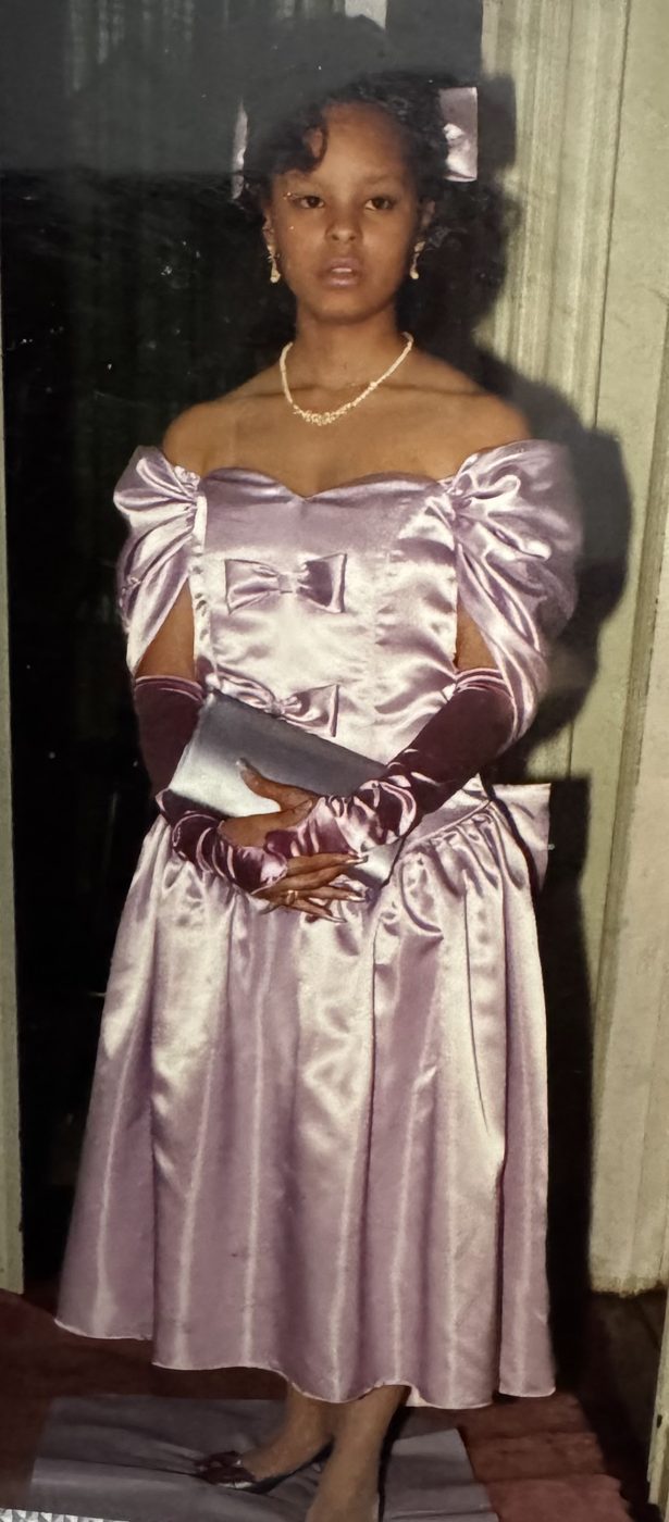 Full-length photo of Sonya in her lavender gown